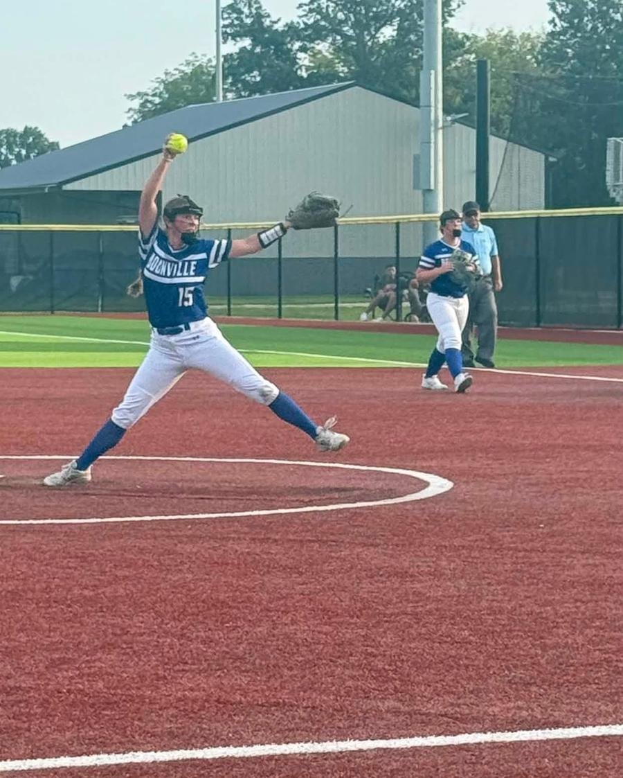Softball pitcher mid-windup
